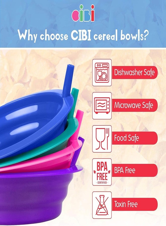 Cibi Cereal Bowls with Straws for Kids BPA-Free Plastic | Toddler Sip-A-Bowls with Built-In Straw for Cereal and Soup | Set of 4 Colorful Breakfast Bowls - Image 4